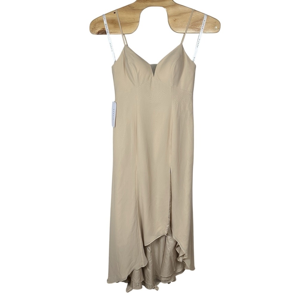 NEW Azazie Vika Champagne Bridesmaids Dress Size A12 Beige Chiffon High Low Slit